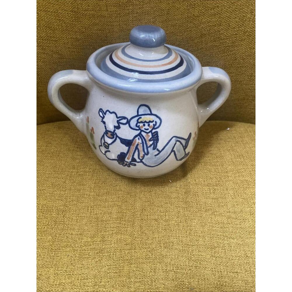 Louisville Stoneware Sugar And Lid Cow Country Boy Double Handled Excellent Cond